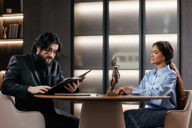 Lawyer consulting with a client in an office setting, discussing legal matters related to DUI defense, with a statue of Lady Justice on the table, emphasizing personalized legal services and payment plans.